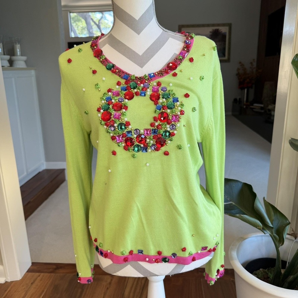 Vintage 90s Just B Green Lightweight Rhinestone Embroidered Embellished Sweater